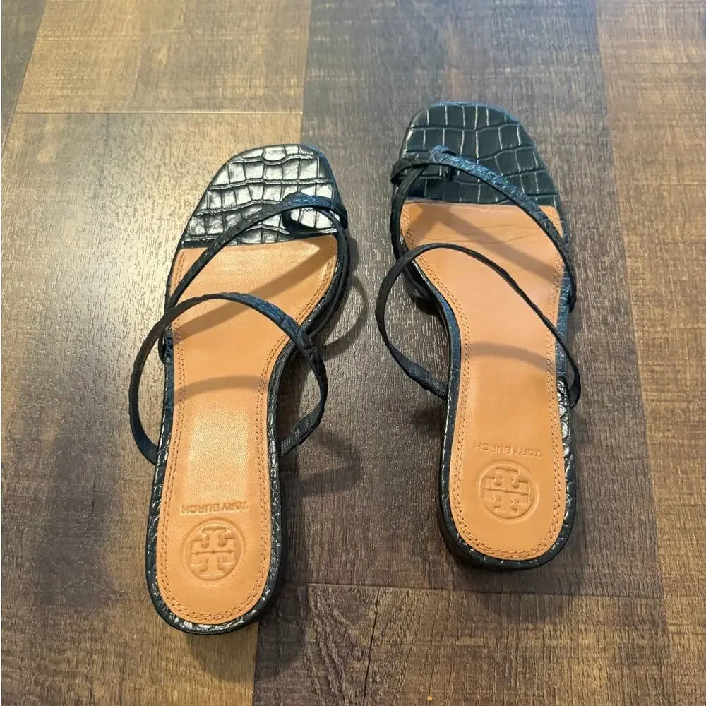 Tory Burch Croc Embossed Slide Sandals Black Leather Size 8M